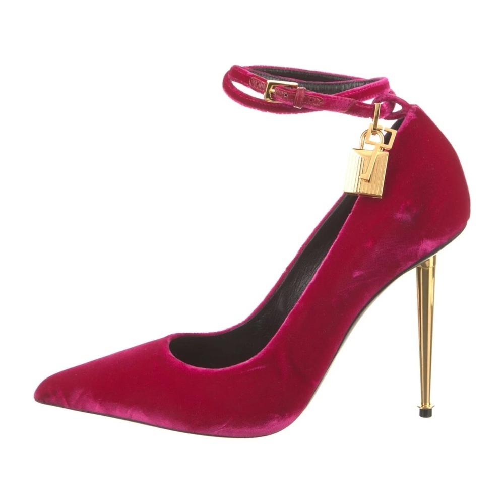 Tom Ford Fuchsia Pink Velvet Padlock Ankle Strap Pumps Gold Spike Heel 37 New - Picture 4 of 6